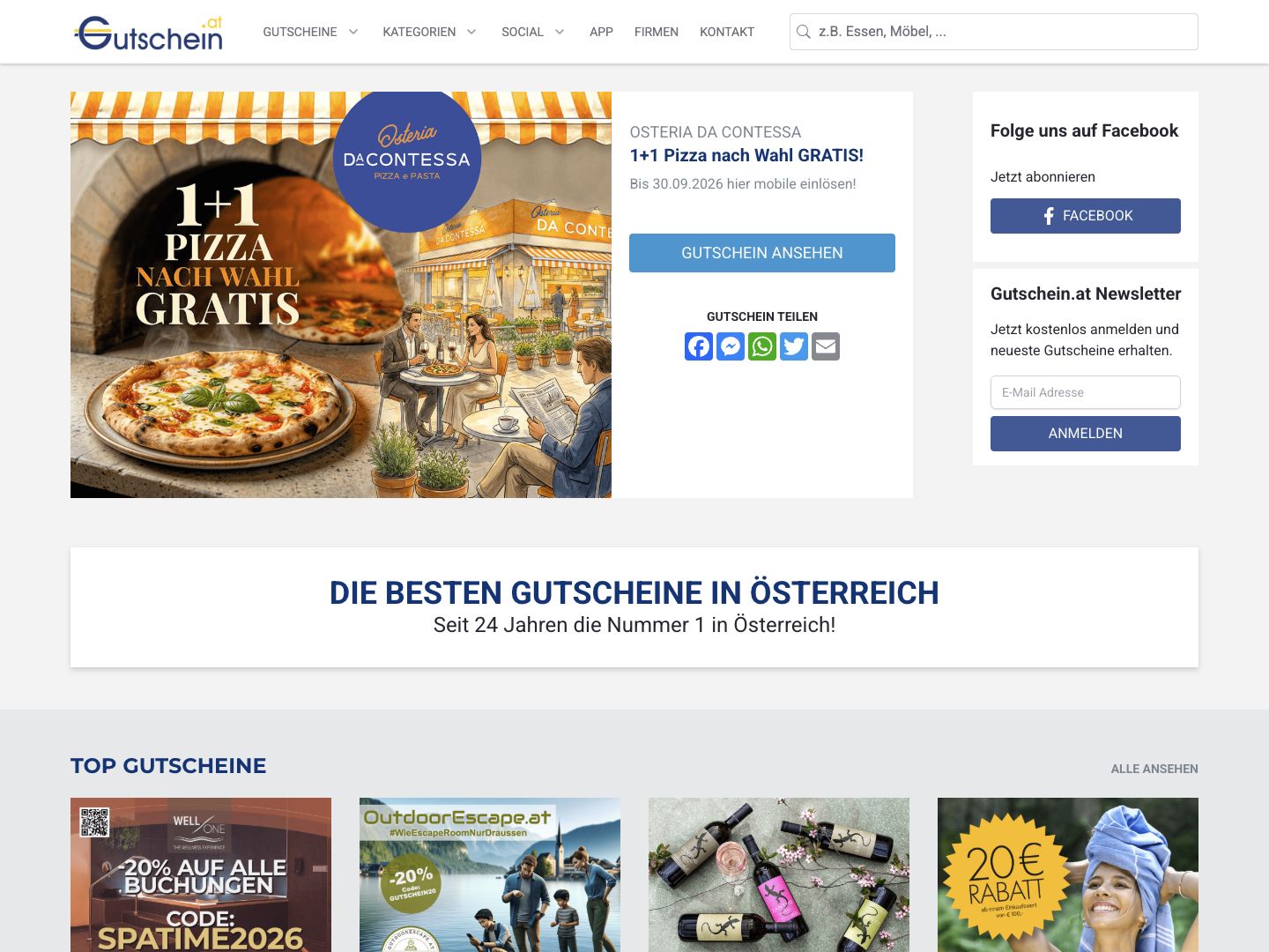 Gutschein.at Website mit dem Angebot 1+1 Pizza nach Wahl gratis von Osteria Da Contessa